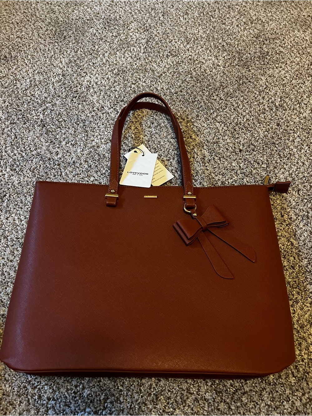 Women's Brown Leather-Look Tote with Bow Accent